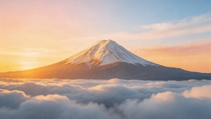 Fototapeta premium Snow capped mountain above clouds at sunrise