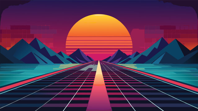 Retro futuristic synthwave road leading to a setting sun with synthwave mountains futuristic background landscape vaporwave eighties cyberpunk aesthetic abstract perspective illustration