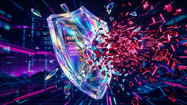 Abstract Iridescent Crystalline Shield Shattering Digital Glitch Particles