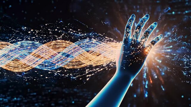 Futuristic figure touches glowing data strand, blue silhouette reaches out to braided dnalike wave, energy sparks at fingertips, digital particles cascade, hightech atmosphere, laboratory