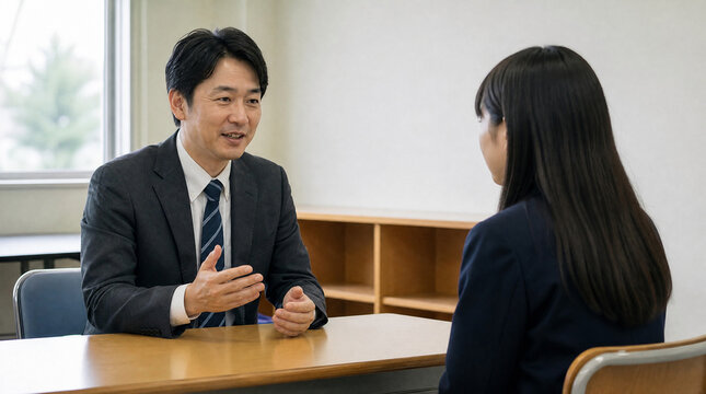 進路面談をする先生と生徒　Japanese student taking career counseling