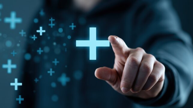 Close up of hand touching a glowing blue plus sign symbol on a digital interface representing growth and healthcare