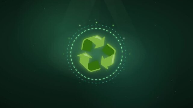 Rotating glowing green recycling symbol with dashed orbit ring and particles on dark eco background