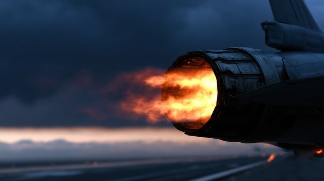 Jet engine afterburner with powerful flames and exhaust at twilight on airfield runway