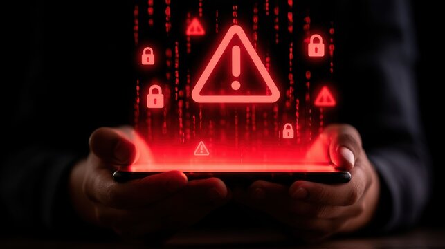 Cyber attack alert on smartphone with red warning icons and binary code background