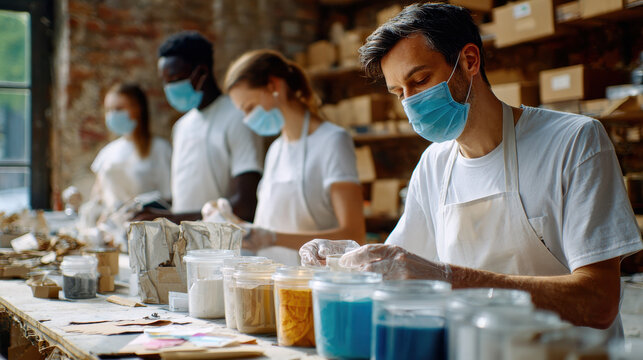 Volunteers wearing masks and gloves packaging food documentary style brand storytelling scene showing teamwork and care
