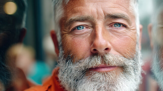 Mature man with blue eyes and gray beard reflects storytelling documentary style portrait with natural light and calm