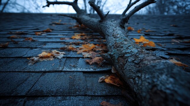 Large fallen tree branch on a shingle roof with autumn leaves after a storm