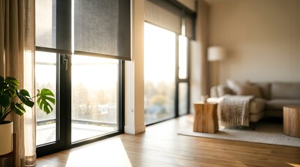 Fototapeta premium Modern Living Room Interior with Large Windows and Natural Sunlight