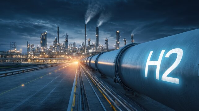 Large H2 hydrogen gas pipeline running towards an industrial oil refinery and power plant at night