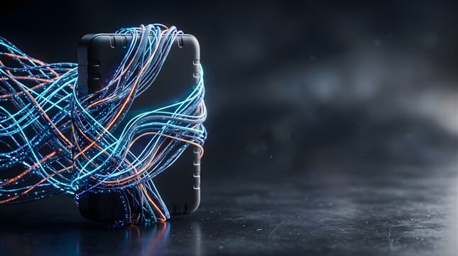 Modern portable hard drive wrapped in glowing fiber optic neon cables