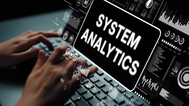 Hands Typing on Keyboard with System Analytics Text and Futuristic Data Visualization Elements in Background. Asymptotic smart data analytic.