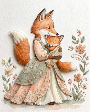 Mother Fox and Baby Watercolor Textile Collage Illustration