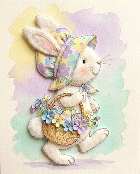 Easter Bunny with Eggs Watercolor Fabric Collage Illustration