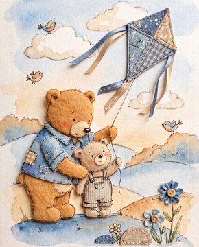 Father Bear and Cub Watercolor Handmade Collage Illustration