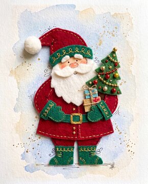 Santa Claus Watercolor Textile Collage Christmas Illustration