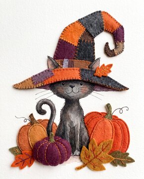 Black Cat Halloween Watercolor Textile Collage Illustration