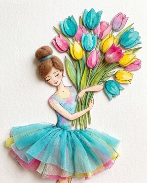 Ballerina with Tulips Watercolor Textile Collage Illustration