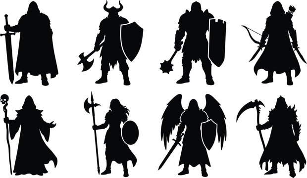 Fantasy RPG Character Silhouettes Set with Warriors, Mage, Archer and Angel