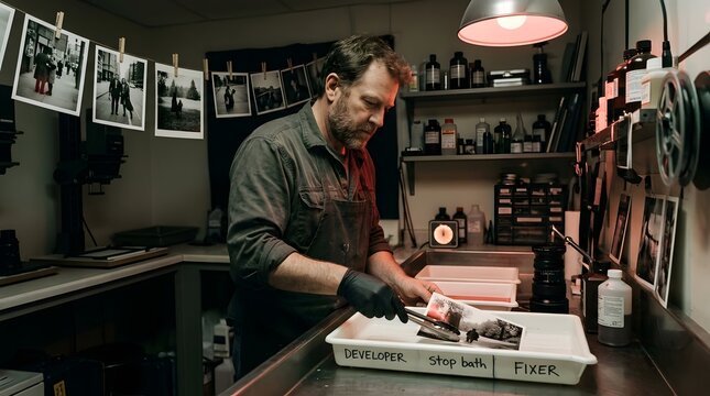 Photographer developing photos in a darkroom with red light.