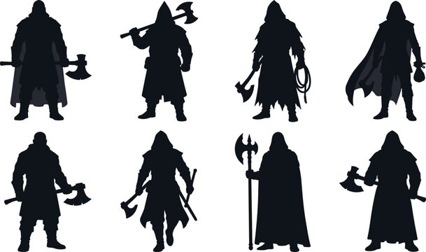 Viking Warrior Silhouettes Set with Axes Cloaks and Medieval Fantasy Characters