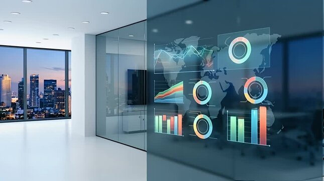Interactive Data Visualization on Glass Wall in Modern Office Environment