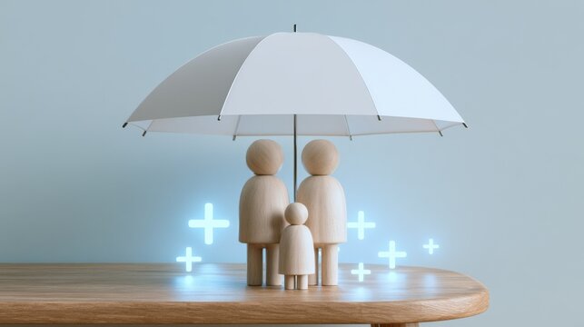 Wooden family figures standing under white umbrella with glowing plus signs, representing life and health insurance coverage