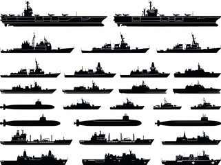 Obraz premium Modern Naval Warship Silhouette Collection Vector Set