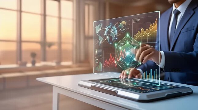 Business Professional Engaging with Holographic Data Display in Modern Office