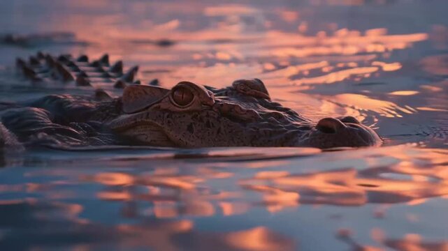 Caiman swimming through calm water during a vibrant golden sunset
