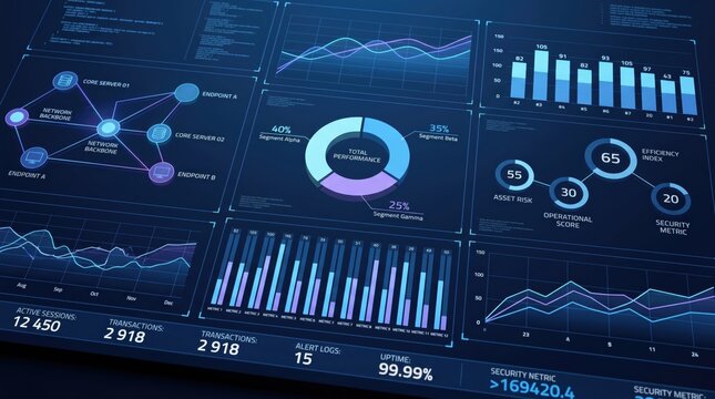 Futuristic cybersecurity dashboard displaying real time network monitoring data analytics graphs charts performance metrics security risk assessment and system uptime statistics