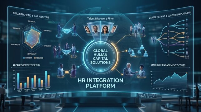HR integration platform holographic interface, global human capital solutions, talent discovery filter, skills mapping gap analysis, career pathing succession planning dashboard