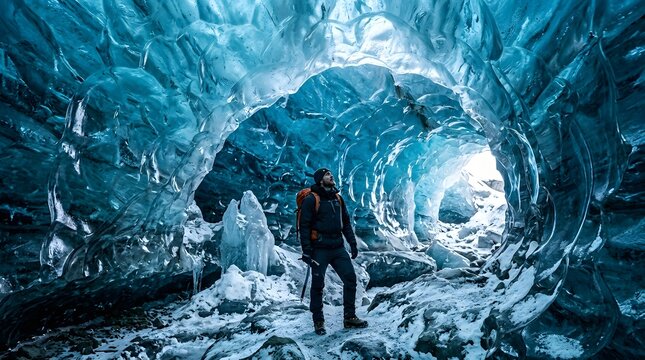 Man Exploring a Stunning Blue Ice Cave in Iceland.