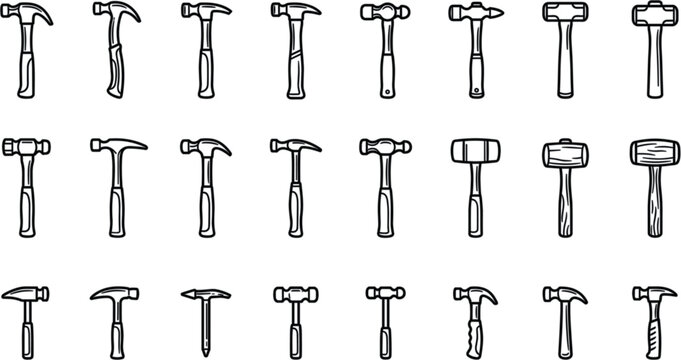 Hammer Vector Icon Set with Claw Sledge and Mallet Outline Symbols for Construction Hand Tool Graphic DesignsHammer Vector Icon Set with Claw Sledge and Mallet Outline Symbols for Construction Hand To