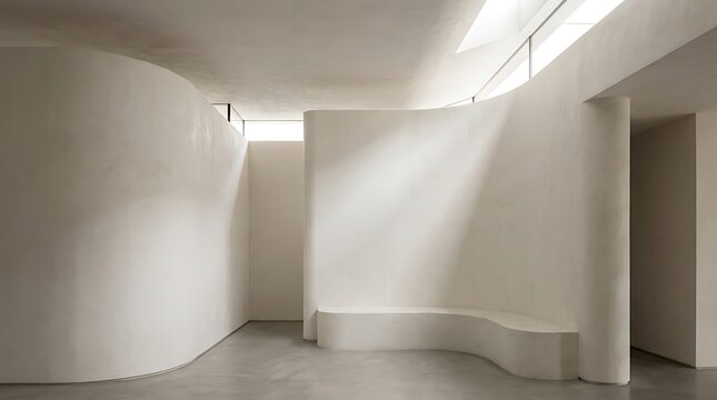 Arri&egrave;re-plan minimaliste avec murs courbes et &eacute;clairage naturel doux pour un espace int&eacute;rieur architectural moderne et une photographie de design &eacute;pur&eacute;