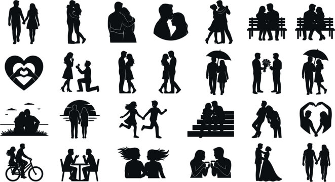 Romantic Couple Silhouette Icon Set with Lovers Hugging Proposing Dancing and Dating Elements for Valentine Graphic DesignsRomantic Couple Silhouette Icon Set with Lovers Hugging Proposing Dancing and