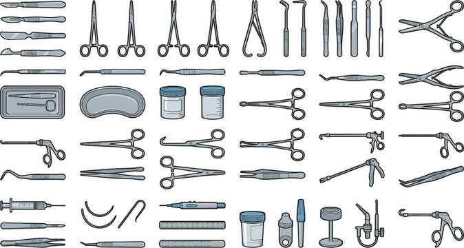 Surgical Instruments Vector Icon Set with Scalpels, Forceps, Clamps, and Medical Equipment for Healthcare and Hospital Graphic DesignsSurgical Instruments Vector Icon Set with Scalpels, Forceps, Clamp