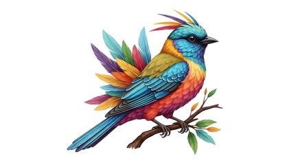 Obraz premium Vibrant colorful fantasy bird illustration perched on a wooden branch with bright multi-colored feathers isolated on a white background