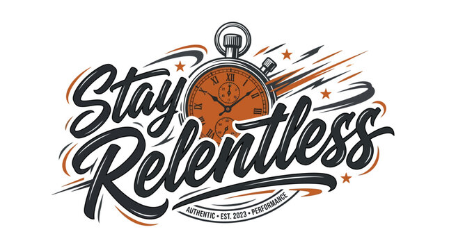 Stay Relentless typography design with stopwatch icon.