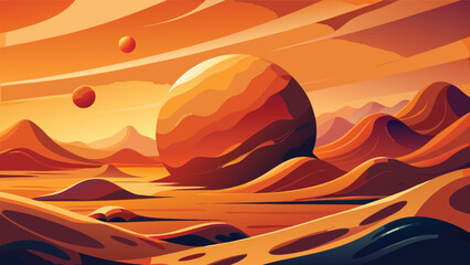 Surreal alien planet landscape with large spheres in orange atmosphere landscape mountains extraterrestrial atmosphere dramatic illustration background abstract creative conceptual solitude © MAX