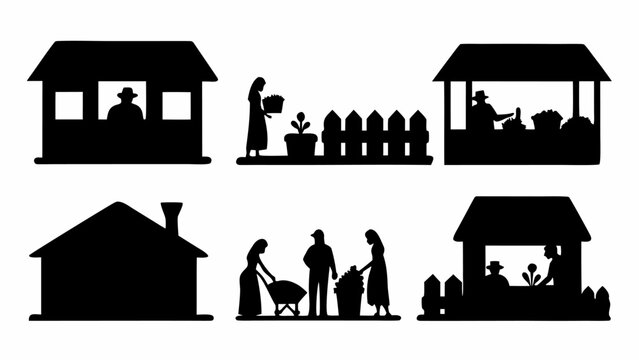 Set of black silhouettes of farmers and garden structures