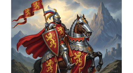Naklejka premium Medieval Knight in Full Armor Riding Horse with Lion Crest Banners Against Majestic Mountain Landscape and Castle