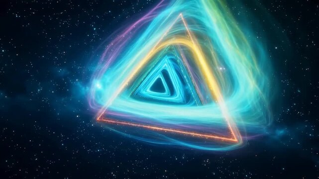 A glowing triangular portal with concentric neon triangles floating in a starry cosmic space, surrounded by swirling colorful energy waves.