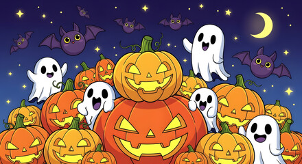 Fototapeta premium Vibrant Halloween cartoon illustration with carved pumpkins cute ghosts and bats under a glowing crescent moon and starry night sky