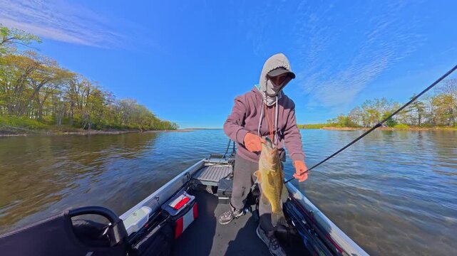 Man fishing at sunset. Happy angler catches big fish and showing it. Bass fishing sport. Fisherman fishing and display large bass fish at sunset. Outdoors sports and trolling Lake Couchiching.
