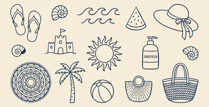 Summer Beach Elements Collection, Blue Line Art Illustration