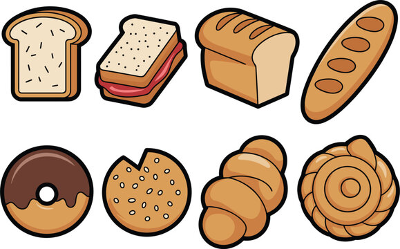 Bakery bread and pastry collection, delicious baked food vector illustration isolated colorful dessert design set
