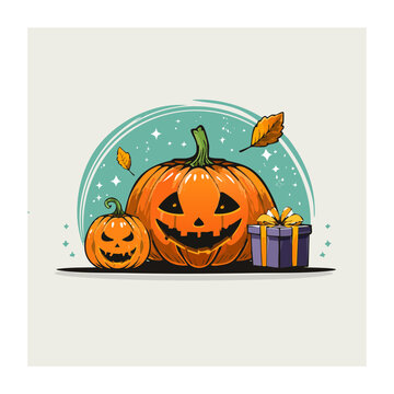Two Halloween pumpkins and a gift box