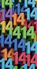 Fototapeta premium Vibrant 3D render of stacked '14' numbers, playing with colorful textures and radiant light.