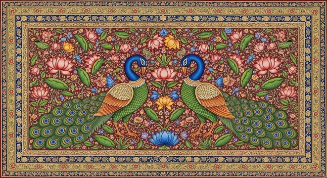 Exquisite Indian Miniature Painting of Two Majestic Peacocks Amidst Lush Floral Garden.